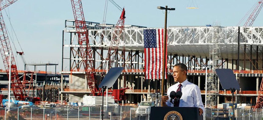 President Barack Obama speaks during construction expansion at Intel, maker of microchips.
