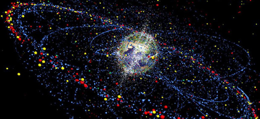 A computer simulation of the distribution and movement of space debris at present and in future. 