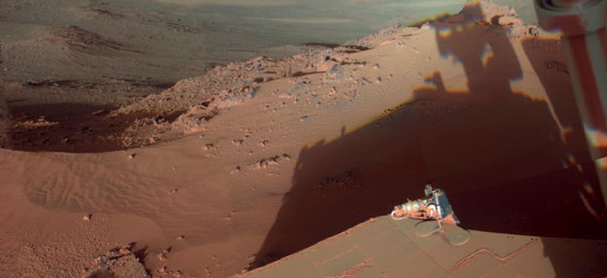 Mars Rover Opportunity catches its own late-afternoon shadow in a view eastward across Endeavour Crater on Mars.