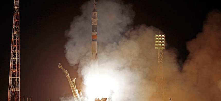 The Soyuz-FG rocket booster with Soyuz TMA-09M space ship carrying a new crew to the International Space Station, ISS, blasts off at the Russian leased Baikonur cosmodrome, Kazakhstan, Wednesday, May 29, 2013.