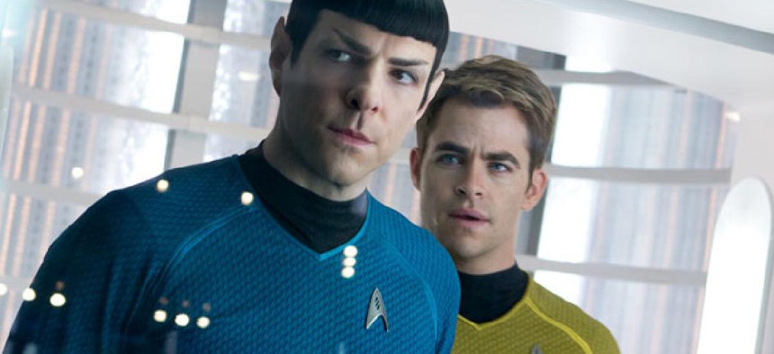 Spock and Kirk in a scene from the movie, "Star Trek Into Darkness."