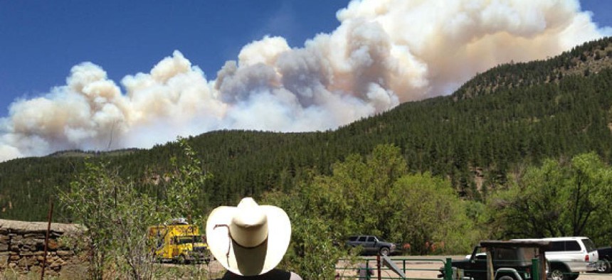 Tracy Bennett  watches a large plume of smoke rise from a wildfire Friday near Pecos, New Mexico.