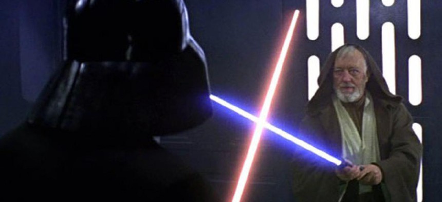 Darth Vader, left, and Obi-Wan Kenobi, right, show off the original use of plasma scalpels in A New Hope. 