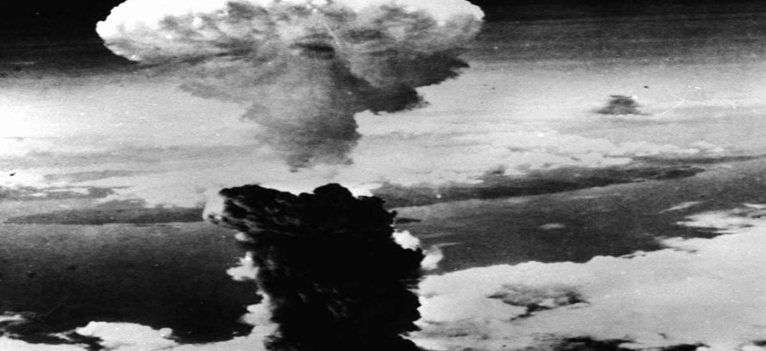 A mushroom cloud was formed  after the throwing of second atomic bomb over Nagasaki, Japan on August 9, 1945.