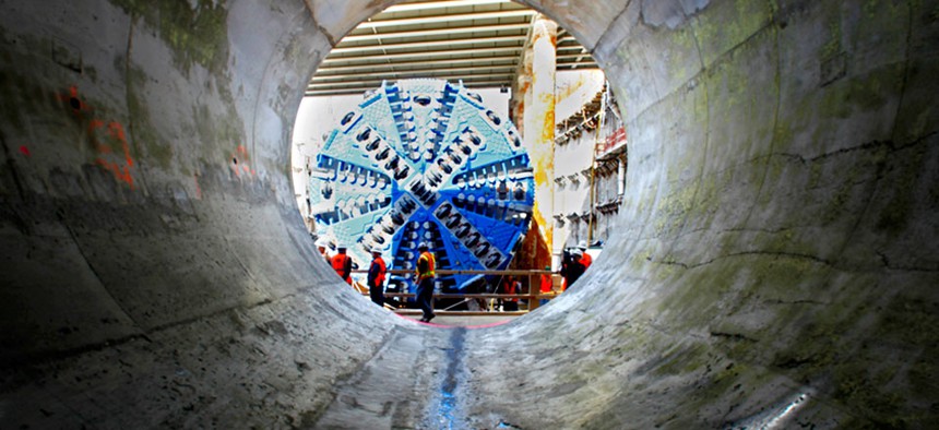 A tunnel boring machine, like this one shown in New York, is an option for tunneling under Bohai Bay. 