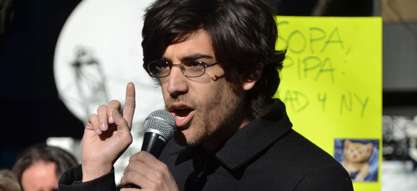 Aaron Swartz spoke at a SOPA protest in 2012.