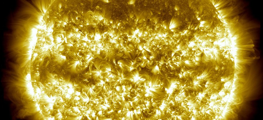 A composite of 25 images of the sun recorded in extreme ultraviolet light by the orbiting Solar Dynamics Observatory between April 16, 2012 and April 15, 2013.