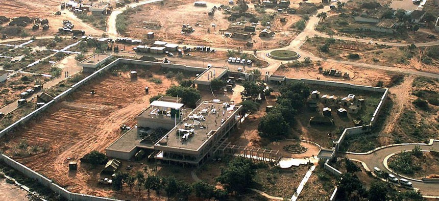 Aerial view of the left side of the US Embassy compound in Mogadishu, Somalia.