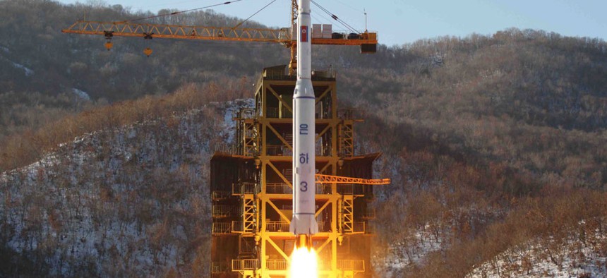 A North Korea's Unha-3 rocket lifts off from the Sohae launch pad in Tongchang-ri Dec. 12, 2012.