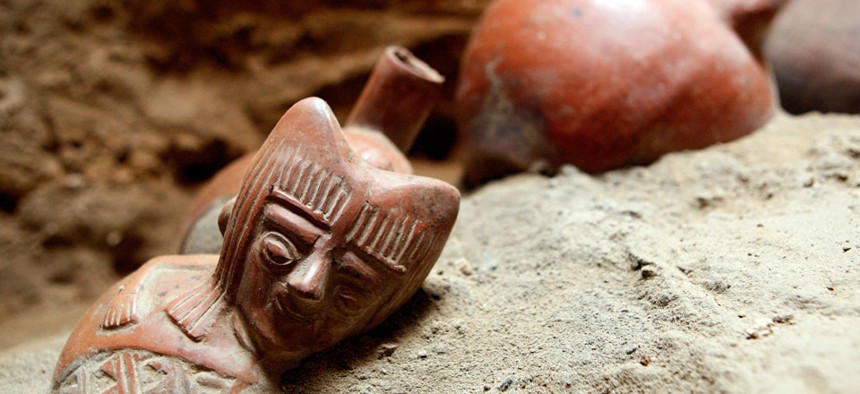 Peruvian archaeological pieces sit at the Jotoro archaeological complex in Lambayeque, Peru.