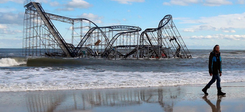 A rollercoaster that once sat on the Funtown Pier in Seaside Heights, N.J., now rests in the ocean. 