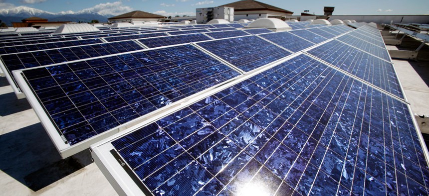 Solar panels are seen on the roof of a Wal-Mart Supercenter in Baldwin Park, California. 