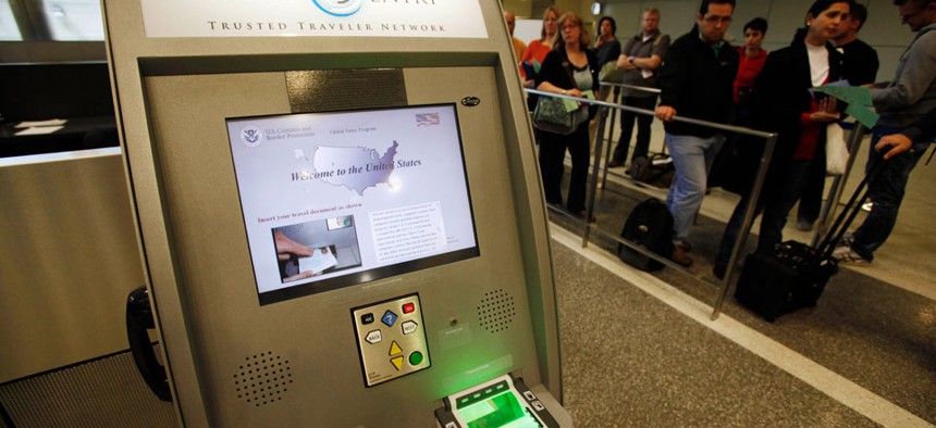 A Global Entry Trusted Traveler Network kiosk awaits arriving international passengers in Los Angeles in 2010.
