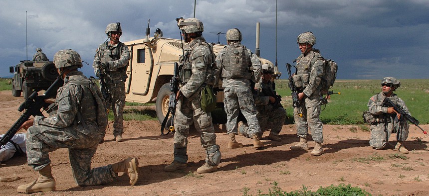 Soldiers move during an exercise at Fort Bliss in 2008.