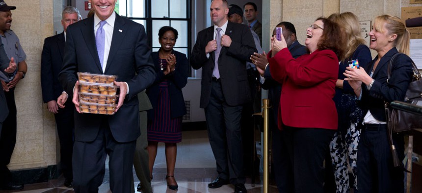 Vice President Joe Biden brought muffins to EPA staff back at work Thursday.