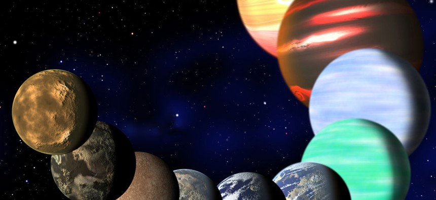 This artist rendering shows the different types of planets in our Milky Way galaxy detected by NASA’s Kepler spacecraft.
