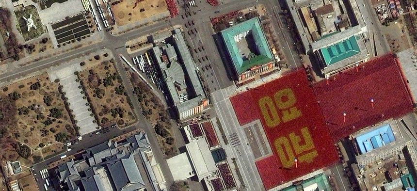 This April 15, 2012 satellite image shows a parade held to mark the 100th anniversary of Kim Il Sung's birthday in Pyongyang, North Korea.