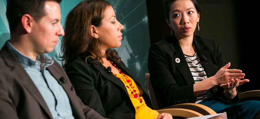 From left, Carter Hewgley, Nicole Chapple and Gloria Huang participated in the panel Thursday.