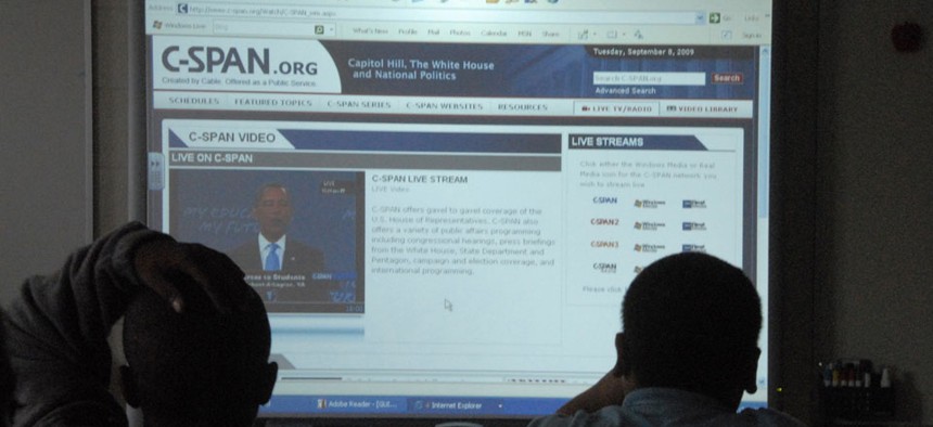 Children in New Jersey watch via a web browser as President Barack Obama delivers a back-to-school address to students nationwide on Tuesday, Sept. 8, 2009. 