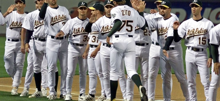 The 2002 Oakland Athletics were the subject of the Michael Lewis book Moneyball.