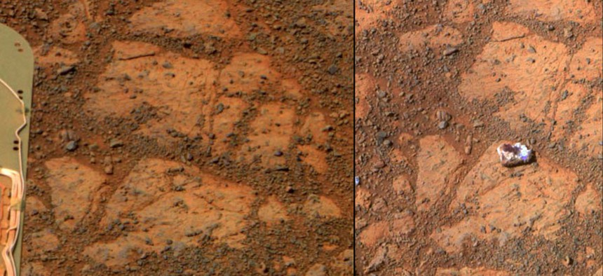 This composite image provided by NASA shows before and-after images taken by the Opportunity rover.