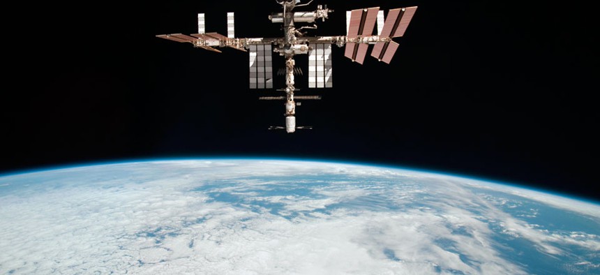 The International Space Station flying at an altitude of approximately 220 miles