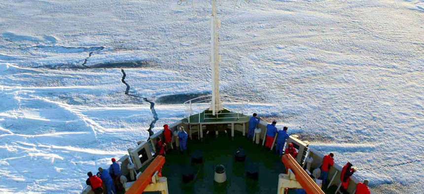 Members of the Chinese Antarctica Research Team wait for the arrival at the continent in 2005.