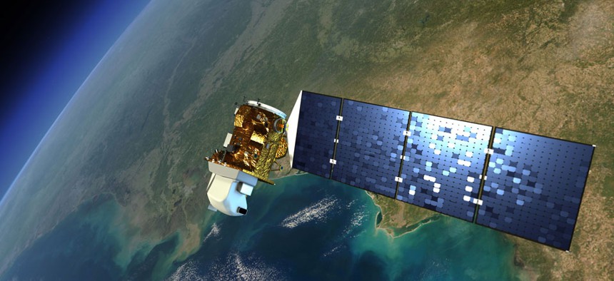 An artist's rendering of a Landsat satellite in orbit around Earth