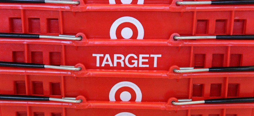 Shopping baskets are stacked at a Chicago area Target store.