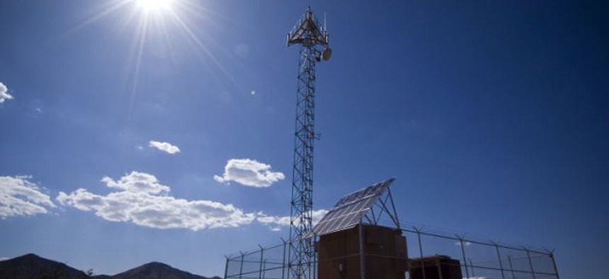 A prototype of a tower for a virtual fence along the U.S.-Mexico border at a test facility in Playas, N.M.