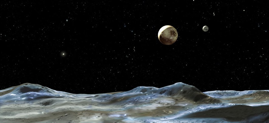 An artist's rendering of the moon system of Pluto