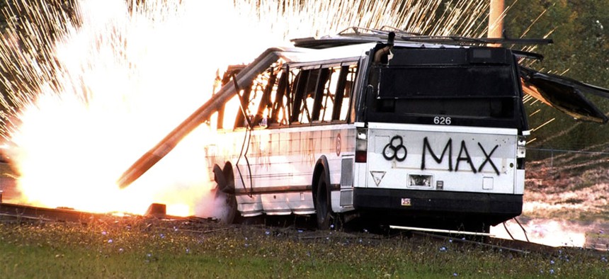 A simulated radioactive "dirty bomb" explodes on a bus which was used to test the ability of federal and local agencies to deal with a real terrorist attack.