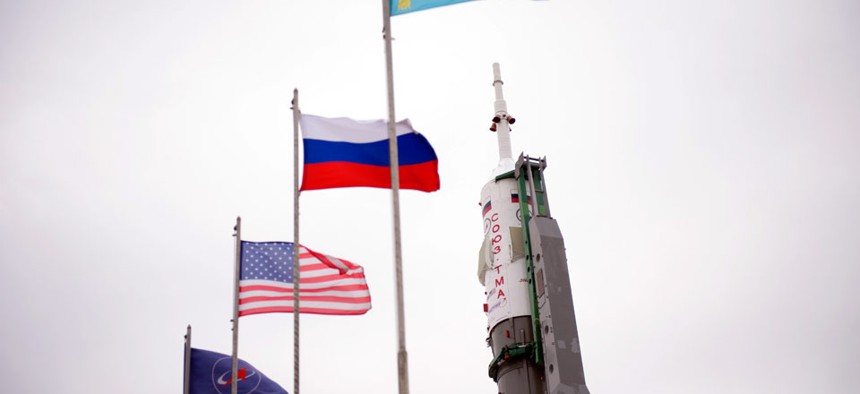 The Soyuz TMA-12M spacecraft is seen after being erected on the launch pad on Sunday, March 23, 2014,