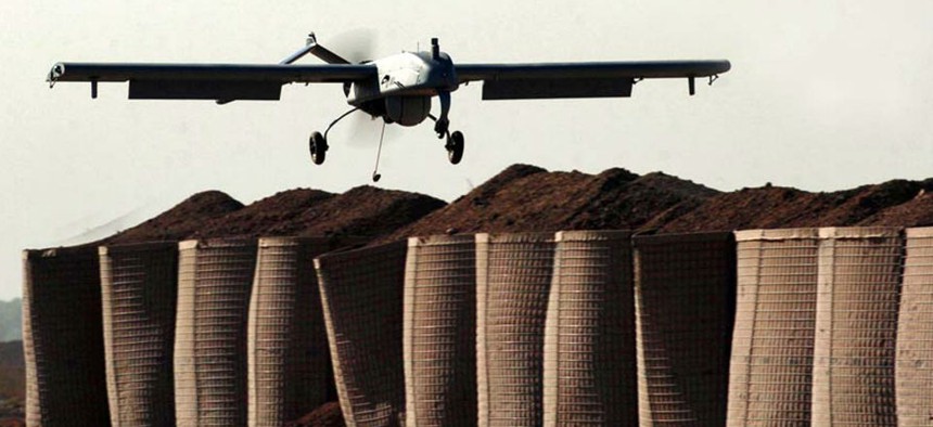 An unmanned drone RQ-7A "Shadow" lands at an American military base in Baqouba, Iraq.