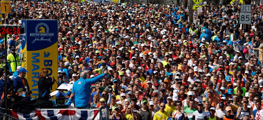 Runners wait to start the 118th Boston Marathon Monday, April 21, 2014 in Hopkinton, Mass. 