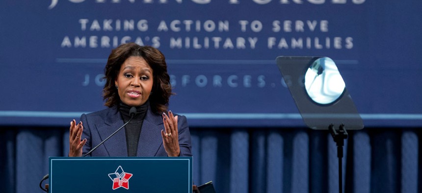 First lady Michelle Obama speaks at a National Symposium on Veterans’ Employment in Construction, hosted by the Labor Department, Monday, Feb. 10, 2014.