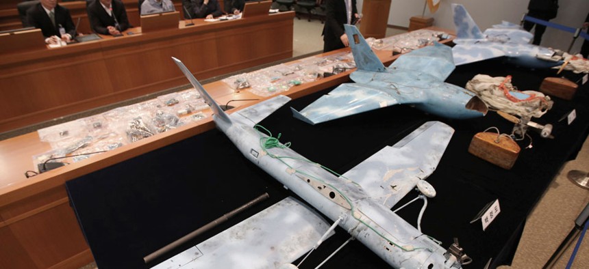 Suspected North Korean drones that were recently found crashed near the border with the North are unveiled by the state-run Agency for Defense Development during a press conference in Daejeon, South Korea.