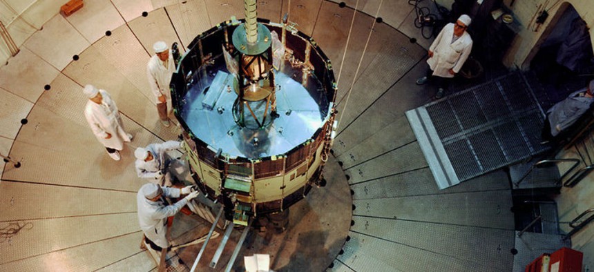 The ISEE-3, undergoing testing and evaluation.