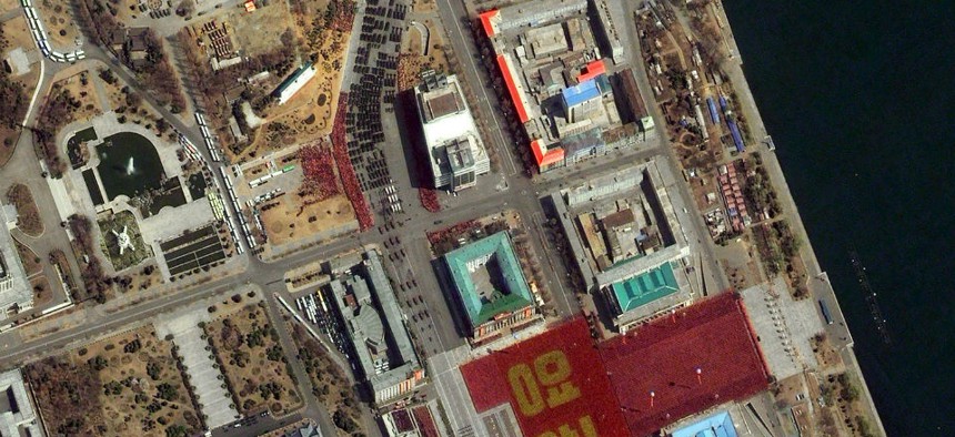 A satellite image provided by DigitalGlobe shows a parade held to mark the 100th anniversary of Kim Il Sung's birthday Pyongyang, North Korea. 