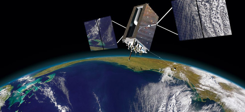 An artist drawing provided by Lockheed Martin shows a Block III GPS satellite orbiting the Earth. 