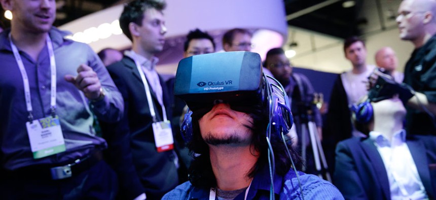 Oculus Rift virtual reality headsets at the Intel booth at the International Consumer Electronics Show.