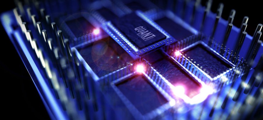 A 3D rendered simulation of a quantum processor computer.