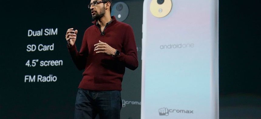 Sundar Pichai, senior vice president of Android, Chrome and Apps, speaks about the Android One phone during the Google I/O 2014 keynote presentation in San Francisco.