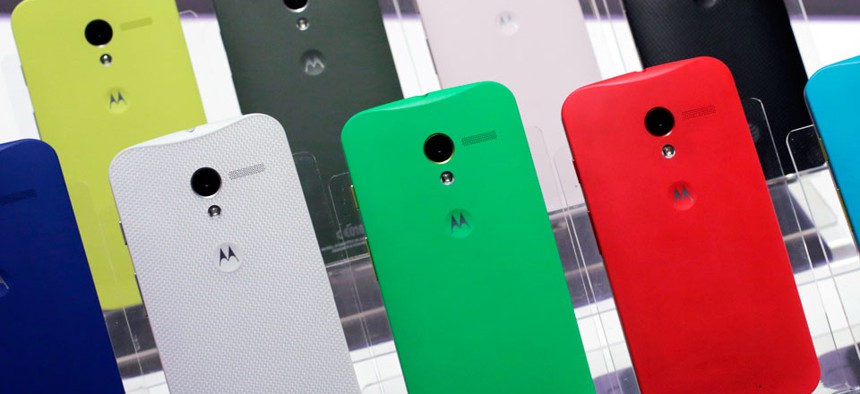 Motorola Moto X smartphones, using Google's Android software, are shown.