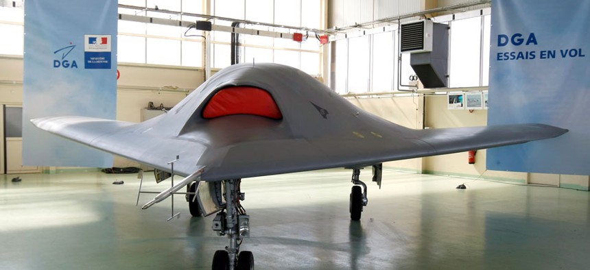 The pan-European stealth combat drone demonstrator Neuron is seen at the Istres air base unit, near Marseille, southern France.
