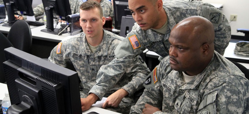 National Guard soldiers conduct a computer network defense exercise in 2012.