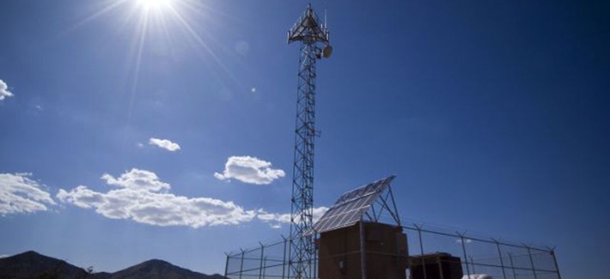 A prototype of a tower for a virtual fence along the U.S.-Mexico border at a test facility in Playas, N.M.