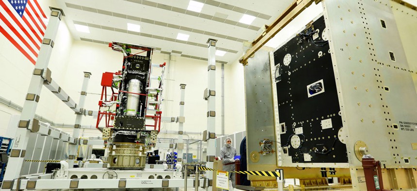 A GOES-R Spacecraft System and Propulsion Modules in Lockheed Martin Cleanroom
