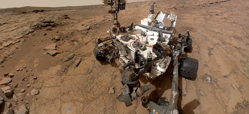 A self-portrait taken by the NASA rover Curiosity in Gale Crater on Mars.