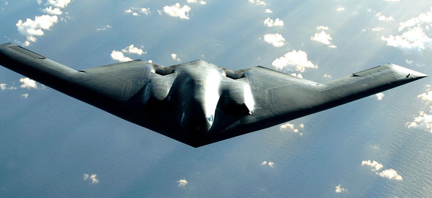 A B-2 Spirit bomber soars during a deployment to Andersen Air Force Base, Guam